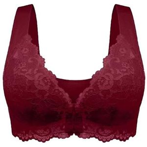 Oudere beha Damesbeha met voorsluiting Bloemen 5d Vorming Push Up BH Draadloze Non Wired Bra Zachte cup Beha's met voorsluiting voor vrouwen (Bourgondië,M)