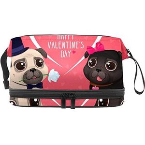 Grote capaciteit reizen cosmetische tas,Valentijnsdag mopshond roze,make-up tas,Waterdichte make-up tas organisator, Meerkleurig, 27x15x14 cm/10.6x5.9x5.5 in