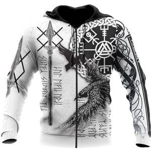 Odin Raven Tattoo Pullover Sweatshirt, Scandinavisch 3D Digitaal Printen Vegvisir Klassieke Harajuku Hoodie, Viking Heren Herfstmode Lange Mouw Casual Rits Top(Color:White Zip Hoodie,Size:XXL)