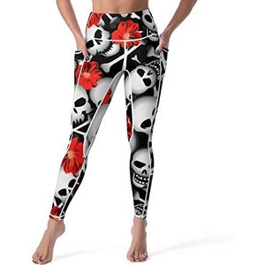 Schedels met rode bloemen dames yogabroek hoge taille legging workout broek met zakken 2XL