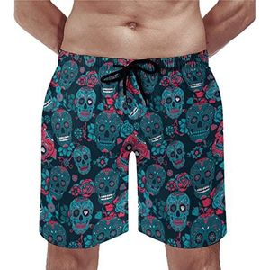 Kleurrijke Suiker Schedels Met Bloemen Mens Strand Shorts Sneldrogende Board Shorts Mesh Voering Strand Broek Gym Zwembroek 2XL