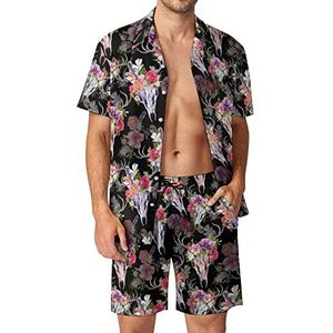 Herten schedels met bloemen Hawaiiaanse bijpassende set 2-delige outfits button down shirts en shorts voor strandvakantie