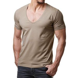 Re Rock Young & Rich T-shirt voor heren, 12 kleuren, V-hals, slim fit, eenkleurig, met V-hals, S tot 3XL, lichtbruin, L