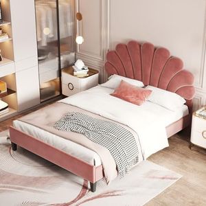 Crlnaup Gestoffeerd tweepersoonsbed, 140 x 200 cm, bedframe met bloemvormig hoofdeinde en lattenbodem, volwassen jeugdbed in huidvriendelijk fluweel, logeerbed, bonenrood