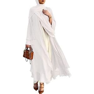 Dames moslim gebed chiffon open jurk abaya met lange mouwen maxi-cardigan robe vrouwen maxi-jurk islamitische ramadan gebedskleding, wit, L