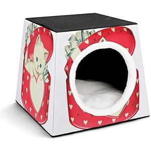 Decoratief Kattenhuis Kubushuis Opvouwbare Kattenbed Kattenbank 3-in-1-ontwerp voor kleine huisdieren Rode geschenkdoos kat