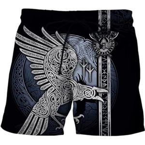 Celtic Odin's Crow Track Shorts, Nordic Viking 3D Vegvisir Digitaal Bedrukte Zomer Ademende Mesh Trekkoord Shorts, Stijlvolle Harajuku Losse Shorts (Color : Crow B, Size : XXL)