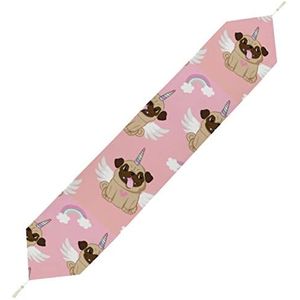 Eenhoorn Pug Ange Tafelloper Korte Pluche Tafelkleed Linnen Decoratieve Tafelhoes voor Feest Bruiloft Decor 229 x 33 cm