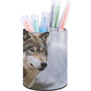 Rrtsmsgh Snow Mountain Wilde Wolf Penhouder voor Bureau Minimalistische Make-up Borstelhouder Lederen Potlood Houder Multifunctionele Kantoorbenodigdheden Milieuvriendelijk Bureau Opslag voor Kantoor