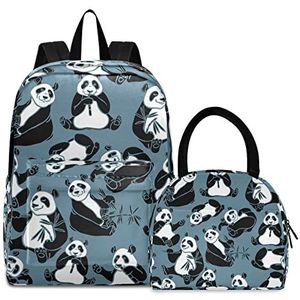 Zwartgrijs schattige pandas boektas lunchpakket set schouderrugzak boektas kinderrugzak geïsoleerde lunchboxtas voor meisjes jongens