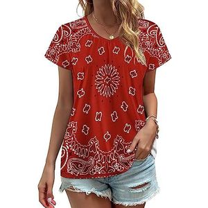 Rode Bandana Patroon Vrouwen V-hals T-shirts Leuke Grafische Korte Mouw Casual Tee Tops XL