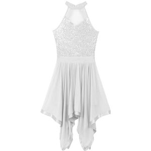 Danskostuums Dames onregelmatige zoom Latin hedendaagse jurk mouwloze pailletten Latin Jazz jurk ballet turnpakje met rokken prestatiekostuum (Color : White, Size : XL)