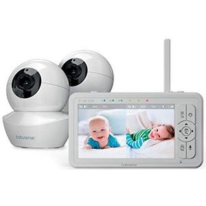 Babysense Babymonitor met 5 inch HD split-scherm, babyfoon met 2 HD-camera's, afstandsbediening PTZ, nachtlampje, 300 m bereik, 2-weg audio, 4-voudige zoom, 4000 mAh batterij