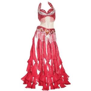 purpleq Dames Buikbuik Carnaval Dansjurk Professionele Indiase Bollywood Halloween BH en Riem Zeemeermin Kostuum 2-delig, rood, L