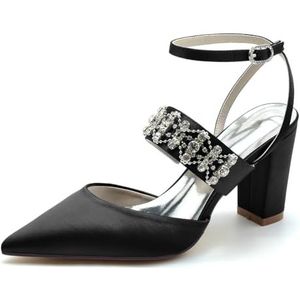 GHSIRUEU Slingback Strass Hakken Voor Dames Gesloten Pompen Met Puntige Neus Enkelbandje Satijnen Trouwjurk Schoenen,zwart,36 EU