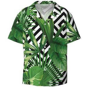 Groene bladeren van palmboom tropische plantenprint heren overhemden atletische slanke pasvorm korte mouw casual zakelijke button down shirt, Zwart, XXL