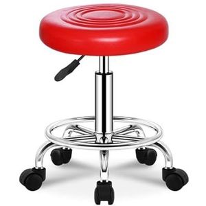 FXLUHAY Rollende winkelkruk met wielen, draaibare salonkruk, verstelbare tekentruk, werkbankkruk, massage spa tatoeage fotografie kruk met PU-leer gedempt (rood)
