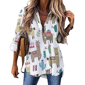 Alpaca en cactus patroon dames casual shirt button down lange mouwen V-hals blouses tuniek voor leggings