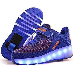 LED Trainers, LED Light-UP Rolschaatsen Schoenen, USB Oplaadbaar, Intrekbare Enkele Dubbele Wielen, Buitensporten Cross Schoenen Running Sneakers voor Unisex Kids Jongens Meisjes, Blauw enkel wiel, 35