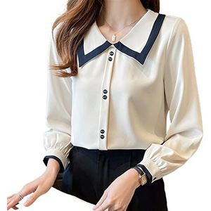 HJUGHPN Elegante damesblouse van chiffon met lange mouwen en contrasterende streepkraag, Wit, L