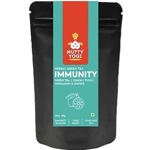 Nutty Yogi Immunity Tea Herbal Green Tea with Tulsi, Lemon, Cinnamon & Ginger I Ayurvedic Blend I 50g 100% Natural I Makes 25-30 Cups