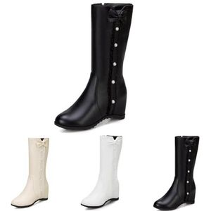 Dames Herfst-winter Enkellaarsjes Retro Sleehak Enkellaarsjes Elegante Korte Laarzen Met Strik + Parel PU-leer Ronde Neus Laarsjes Feest-enkelschoenen(Black,36 EU)