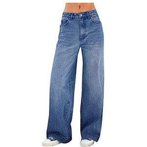 Wijde Pijpen Broek voor Vrouwen UK Kantoor Vrouwen Boyfriend Jeans Rechte Denim Losse Baggy Broek Ldies Lounge Basic Model Hoge Wachten Broek Dames Broek Fly Leg Plus Size Broek, Donkerblauw, XXL