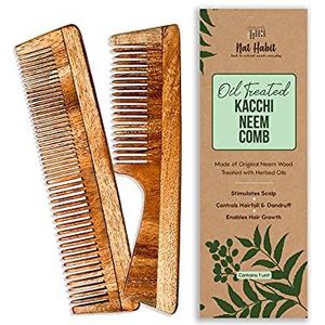 Nat Habit Kacchi Neem houten kam, gedrenkt in 17 kruiden, neem en sesamolie voor multi-acties ontwarren, kroesbestrijding en glans (dubbele tand en fijne tand) Combo Pack van 2