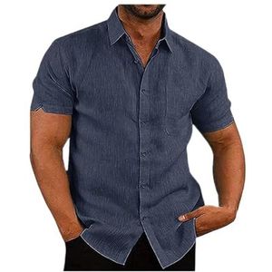 Katoenen Linnen Herenoverhemd, Korte Mouwen, Normale Pasvorm, Strand-casual Overhemd, Zomeroverhemden Met Zak(Blue B,XL)