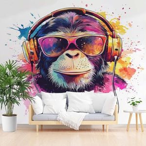 Fotobehang met graffiti en muziek-gorilla, 3D-effect, wit, kinderkamer, 450 x 315 cm, vliesbehang, wandbehang, decoratie behang, studeerkamer, woonkamer, café