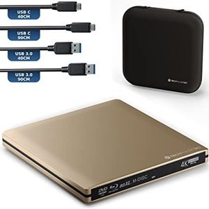 techPulse120 Externe USB 3.1 Blu-ray DVD CD USB-C UHD 4k 3D M-DISC BDXL HDR10 128GB Drive Brander Burner Superdrive BD Imperator pakket tas 90cm aansluitkabel aluminium goud