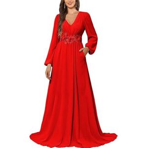 KURFACE Bruidsmeisjesjurk met lange mouwen en zakken, kanten applicatie, chiffon, moederjurk van de bruid, Rood, 32