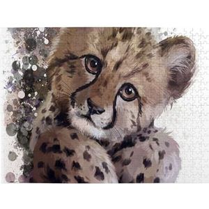 Puzzels, Houten Legpuzzels Volwassenen Uitdagende Puzzel 500 stuks Foto puzzel, Cheetah Cub Aquarel Schilderen Kunst