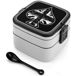 Zwarte Britse Vlag Schoppen Ace Poker Bento Lunch Box Dubbellaags All-in-One Stapelbare Lunch Container Inclusief Lepel met Handvat