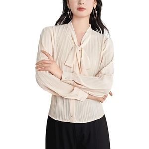 ROUZIHU Gekreukt Chiffon Shirt Strik Slanke V-hals Shirt Dames Lange Mouw Kort Shirt(Beige,XXL)
