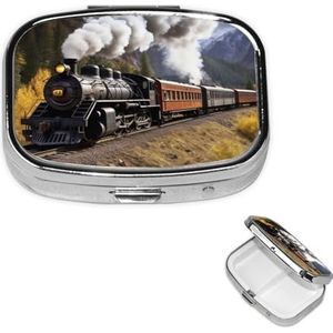 Stoomlocomotief trein pillendoosje met 2 compartimenten, kleine pillendoos voor portemonnee en zak, metalen pillenetui met spiegel, dagelijkse pillenorganizer, draagbare medicijnvitaminehouder, uniek