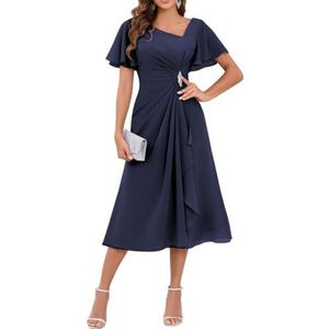 WSEYU Chiffon moeder van de bruid jurken asymmetrische thee lengte moeder van de bruidegom jurken voor bruiloft, Donkerblauw, 34