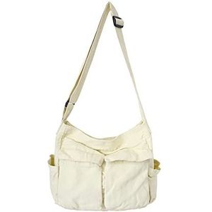 TIAASTAP Schoudertas van canvas, grote hobo-tas met meerdere zakken, ongedwongen tas met schouderriem, draagtas voor dames en heren, Een wit