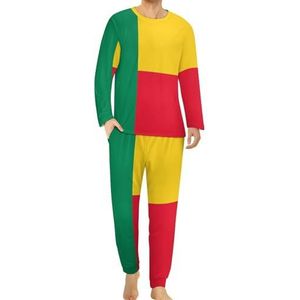 Benin vlag comfortabele herenpyjama-set met ronde hals en lange mouwen, loungewear met zakken, 6XL
