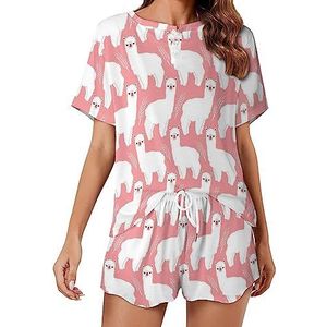 Roze lama alpaca mode 2 stuks dames pyjama sets korte mouw nachtkleding zachte loungewear stijl-35