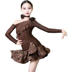 Omfpafeu Meisjes Latijns-Amerikaanse dansjurk met lange mouwen schuine kraag dansrok Rumba Tango Salsa Cha Cha-optreden wedstrijdkostuum,Koffie,110