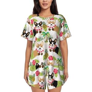 JIAWUJYNB Pyjama met tropische bloemen en corgi-print voor dames met korte mouwen - comfortabele korte sets, nachtkleding met zakken, Zwart, S