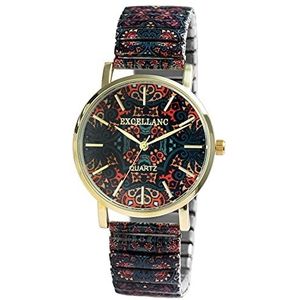 Excellanc Dameshorloge met trekkoord roestvrij staal Ø 36 mm motief kleurrijke print analoog kwarts 1700060, zwart, rood, blauw, beige, Riemen.