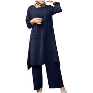 UPPJPBSW Muslim Vrouwen Plus Size Linnen Lounge Set - 2-Delige Outfit Losse Lange Mouw Tuniek Shirt met Gespleten Zoom Wijde Broek,Blauw,3XL