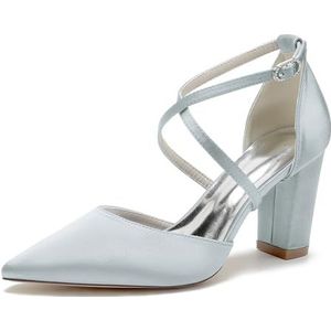 HFWXYSA Dames Chunky Block Heel Satijnen Bruidsschoenen Puntige Neus Kruisband Pumps Trouwjurk Avondschoenen met Parels,Zilver,36 EU