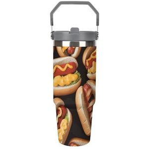 FZQVSGW 30 oz grote capaciteit autobeker met rietje, leuk voedsel, hotdogs, roestvrijstalen reismok - dubbelwandige vacuüm geïsoleerde beker, lekvrij, voor reizen, buiten en thuisgebruik