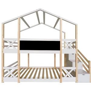 LUNEX HOME Stapelbed voor 2-zits, 90 x 200 cm, in hutvorm met lade en valbescherming, lattenbodem, wit