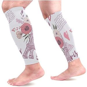 EZIOLY Parijs Eiffeltoren Bloemen Sport Kalf Compressie Mouwen Been Compressie Sokken Kalf Guard voor hardlopen, Fietsen, Moederschap, Reizen, Verpleegkundigen