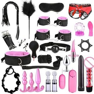 28 Pieces Kit | SM Bondage Sets | Restraint Kits for Women and Couples | Bed Restraints Sex Toys | BDSM Adult Games | Cuffs Nipple Clamps Blindfold Spanking Paddle (Option 2, Pink)