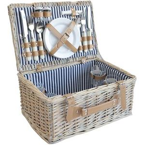 casa.pro Picknickmand Lumparland complete set voor 4 personen rieten mand picknickset van borden glazen bestek picknickkoffer 42x28x20 cm wit en blauw